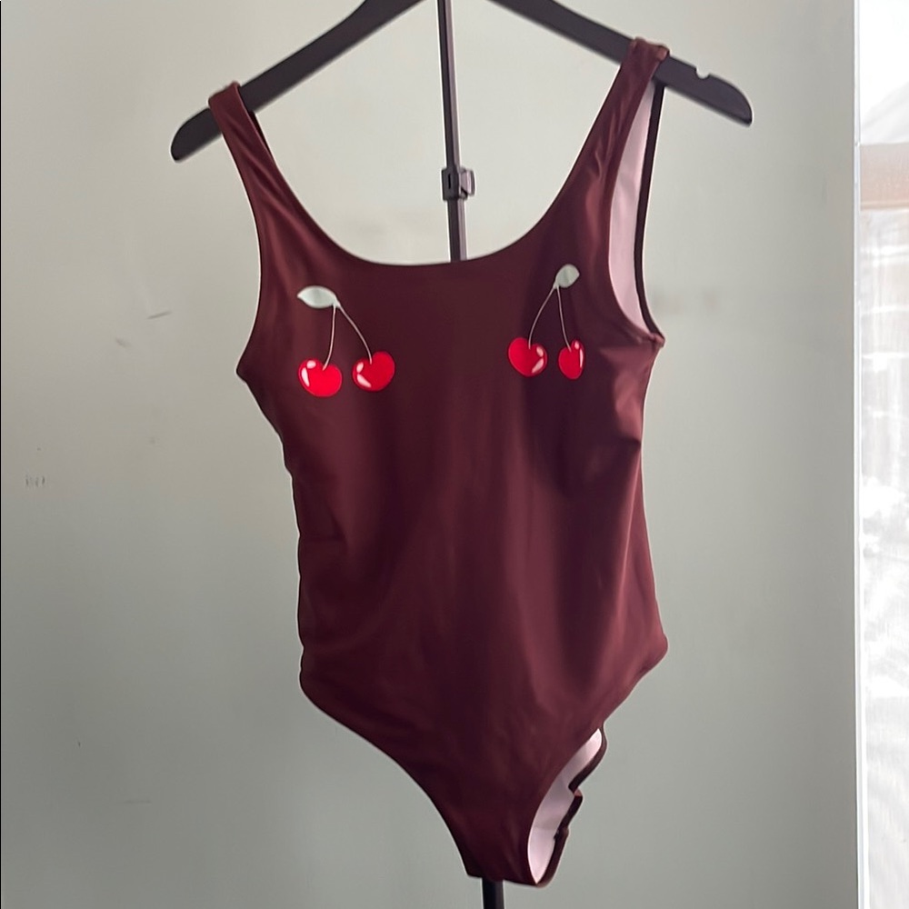 Cherry Print Brown Swimsuit M 🍒